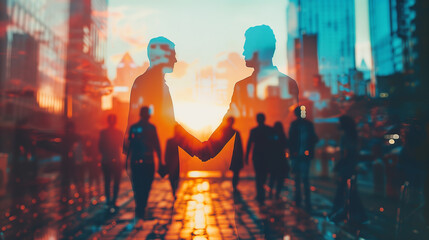 Two men shaking hands in a city skyline. Scene is professional and formal. The idea of the image is that of a business meeting or a handshake between two people in a city setting