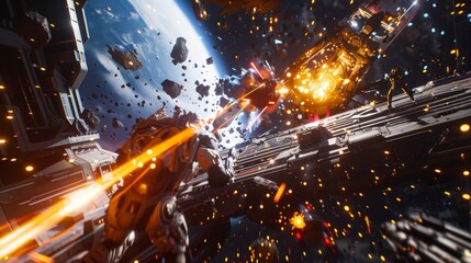 A high-octane space battle unfolds near a space station, with ships firing lasers amid a densely populated asteroid field, creating a visually explosive scene.