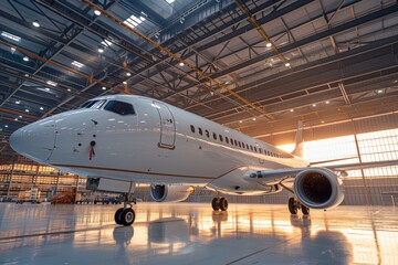 A sleek private jet bathed in the golden glow of sunset stands in a hangar, symbolizing luxury and exclusive travel