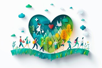 People Engaging in Wellness Activities in Heart, modern look with vibrant colors and images of healthy lifestyles, perfect