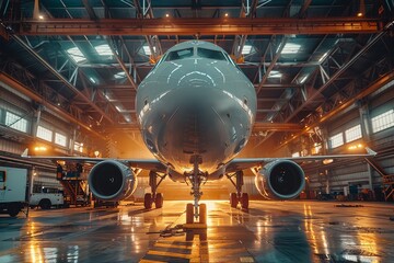 The nose of a parked airliner gleams under the ambient light of a hangar, emphasizing the beauty of aircraft design