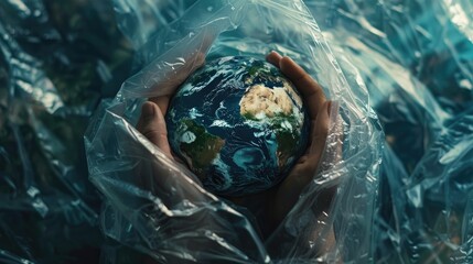 Obraz premium On World Environment Day a powerful image emerges a person gripping the Earth tightly inside a plastic bag leaving room for a poignant message in this space reserved for social advertising