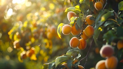 Ripe apricots hanging on branches in golden sunlight. Orchard fruits ready for harvest. Peaceful, serene summer scene in nature's bounty. Perfect for food and lifestyle themes. AI