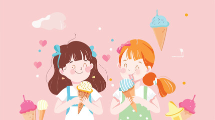 two daughters are enjoying ice-cream Vector style 