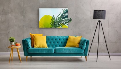Fototapeta premium Mid-Century Chic: Teal Sofa with Vibrant Yellow Pillows in Modern Living Room
