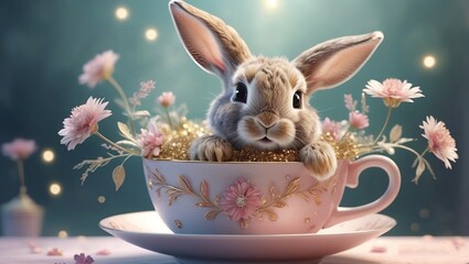 playful charming fluffy baby rabbit in a cup delicate flowers and twinkling sparkles magical...