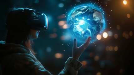 Fototapeta na wymiar A person in virtual digital world with the help of VR technology.