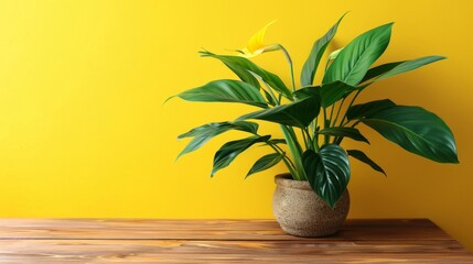 beautiful indoor flower with large leaves in a pot on a wooden table on a matte yellow background, loft style
