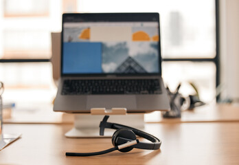 Laptop screen, empty office or call center headset for crm, faq and contact us for online help....