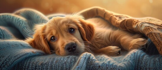 Golden Retriever Puppy on Cozy Blanket 🐶 Adorable Romp with Fluffy Fur and Vibrant Colors Art - obrazy, fototapety, plakaty
