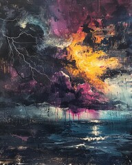 Thunderstorm  Expressionism A dramatic thunderstorm with dark clouds, lightning bolts, and heavy rain, depicted with bold brushstrokes and a sense of chaos and power