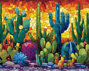 Cactus Garden  Pop Art A variety of cacti and succulents arranged in a desert garden, presented in a bold and colorful pop art style with contrasting colors and geometric shapes