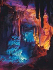 Cave Formations  Surrealism The interior of a cave with stalactites and stalagmites, depicted in a surreal and dreamlike style with glowing colors and fantastical formations