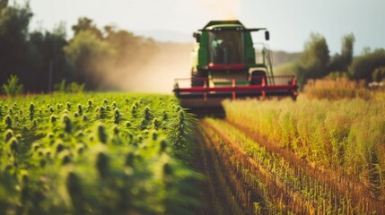 Fototapeta premium A combine harvester machine working in a large outdoor plantation farm.