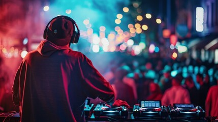 The vibrant energy of a live performance at the party, with the band or DJ commanding the stage, and the audience's movements mirroring the rhythms and beats.