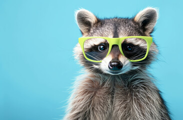 funny raccoon in green glasses 
