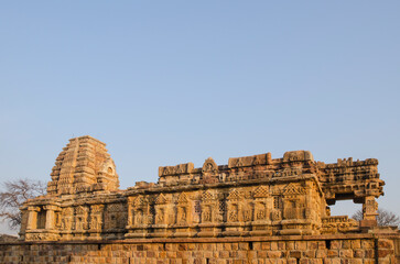Devakoshthas and scenes from Ramayana carved on the wall, Papanatha Temple, Pattadakal, Karnataka, India.