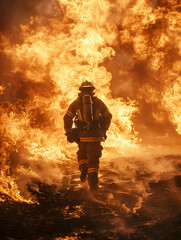 A firefighter braves through hazardous smoke and flames in a field fire event