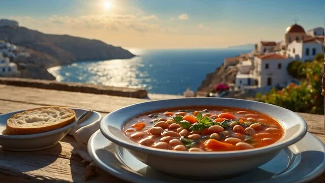 Fasolada in a plate in a tavern against the backdrop of the sea