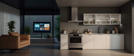 Showcase the power of the Internet of Things with a visually stunning image of a smart home filled with various connected devices and appliances AI, such as smart refrigerators, coffee makers