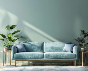 contemporary  sofa interior with two plant on table  beautifull wall