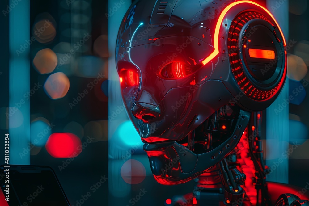 Poster a robot with glowing eyes and a red light on its face, likely displaying information or status, desi