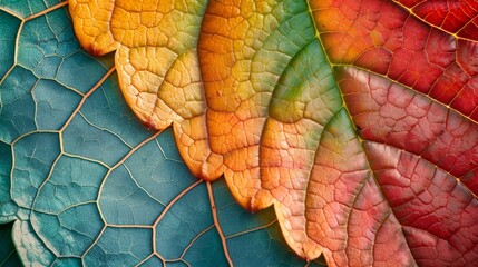 The image is a close-up of a leaf with vibrant colors. The veins of the leaf are visible, and the colors range from red to orange, yellow, green, blue and purple.