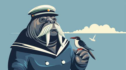 walrus in a cap and sailor shirt with bird Vector style