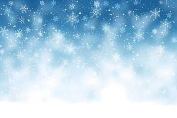 Fototapeta premium Light blue gradient background with white snowflakes falling.
