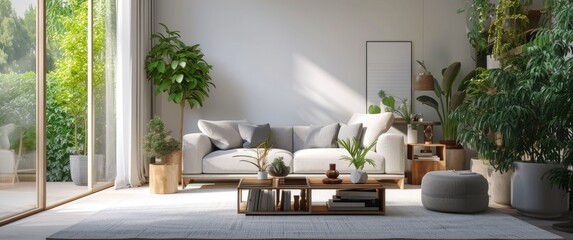 Fototapeta premium Serene Living Room with Ivory White Walls and Grey Furniture 🌿 Natural Wood Accents and Large Window with Garden View for a Peaceful and Elegant Atmosphere