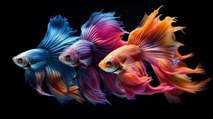 Fototapeta premium Three beautiful Betta fish with vibrant colors are swimming gracefully in a dark background, showcasing their elegant fins and tails.