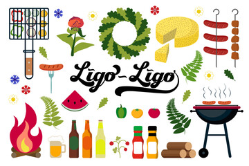 Ligo party picnic set vector illustration, Ligo lettering vector art. Latvian traditional Ligo holiday celebration, fire place, barbecue, food, ligo cheese and beer, cider