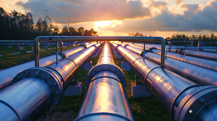 A long line of pipes are shown in the image, with the sun setting in the background. Concept of industrial activity and the passage of time, as the sun's rays illuminate the pipes