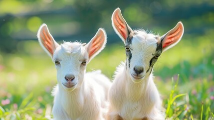 Two little goat babies in summer. Farm animals. Generative Ai