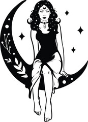 Set Of Mystical Woman and Moon, Stars and Hand in a Trendy Boho Style. Vector Space Portrait of A girl in Profile for wall print, t-shirt, tattoo Design, for social media post and stories