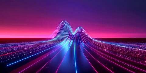 Long pattern of a neon wave frame, featuring futuristic light graphics, against a contrasting dark blue and pink sky