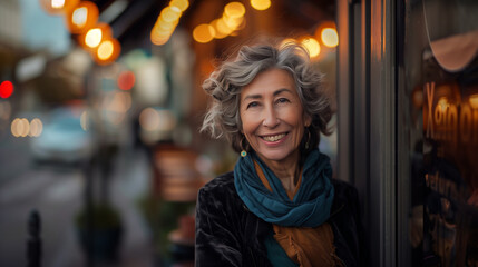Fototapeta premium An elderly smiling beautiful 60-year-old lady in a scarf stands in front of the building. A businesswoman at the door of her cafe