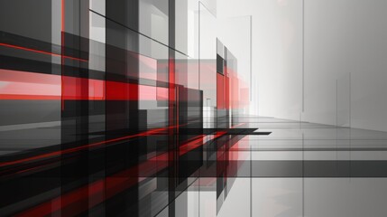 A sleek, graphic illustration of geometric shapes with red and black lines against a grayscale backdrop reflecting on a glossy floor.