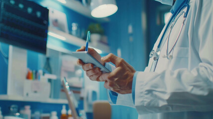 The doctor is a man and takes notes on a tablet in his office and writes a prescription to his patient, makes a diagnosis. Medical background	