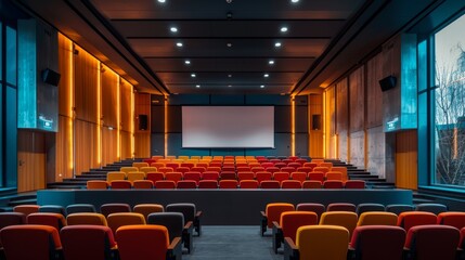 modern academic lecture hall with rows of seats and a projector screen, showcasing minimalist design for higher education, encapsulating the academic concept