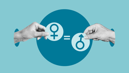 Gender equality or comparison. Collage with Hands holding male and female gender sign. Love,...