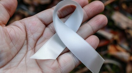 Silver ribbon worn on a person s hand represents support and awareness for Parkinson s disease Brain cancer Schizophrenia Sciatic Pain and Brain disorders or disabilities