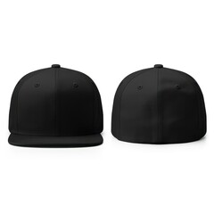 Black Snapback Cap Isolated On White Background. Front View And Back View Of Black Baseball Hat Mockup. Generative AI
