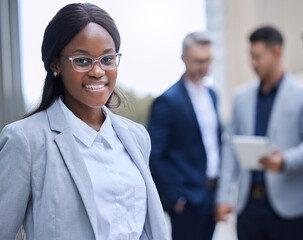 Business people, black girl and portrait outdoor in city for corporate internship in tax law for...