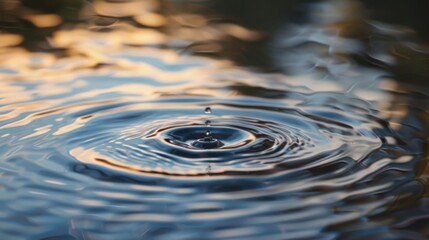A single droplet creates ripples on a calm water surface, reflecting the warm glow of a sunset.