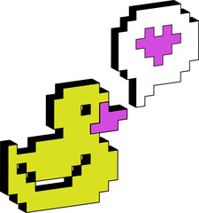 Trendy pixelated Y2k sticker. Rubber yellow duck with love bubble. Retro Pixel style. Isolated graphic element, 3D Simple style voxel art