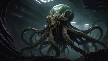 octopus twisted alien creature fight on space ship