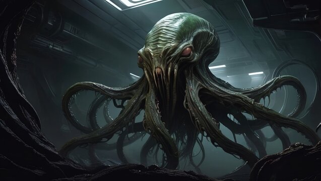 octopus twisted alien creature fight on space ship