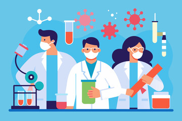 Vector illustration of Medical team and scientist's research in laboratory lab for virus medicine vaccine
