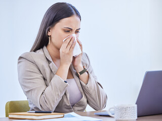 Sick, woman and nose with tissue in office for flu virus, bacteria or allergies at corporate job. Health, laptop and professional person with toilet paper at work for sinusitis, congestion and safety